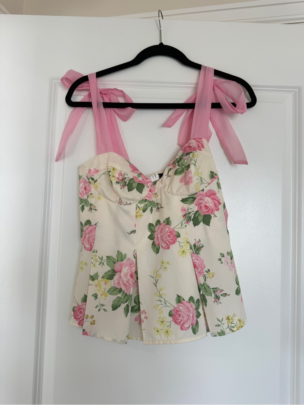 FORE Floral Corset Top Small Pink Rose Tie Strap Sweetheart
